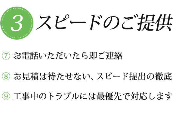 3スピードのご提供　⑦お電話いただいたら即ご連絡　⑧お見積りは待たせない、スピード提出の徹底　⑨工事中のトラブルには最優先で対応します